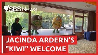 Mascots give Jacinda Ardern a quotkiwiquot welcome in Japan  SBS News [upl. by Kathleen]