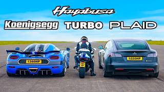 Koenigsegg v Tesla Plaid v Turbo Hayabusa DRAG RACE [upl. by Kerianne]