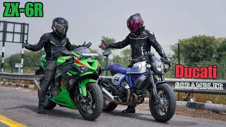 Ducati Cafe Racer 800 vs Ninja ZX6R  L Twin vs Inline 4 [upl. by Anileme]