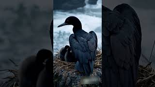 Cormorant and Chicks on Rocky Coastline in Storm cormorant birds wildlife cute mother trend [upl. by Julis]