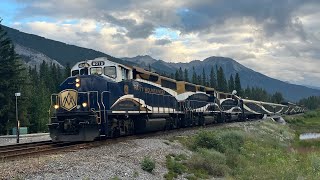 The Rocky Mountaineer Three GEEPs Leads the long and famous Rocky Mountaineer Passenger Train [upl. by Nyladnor]