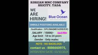 Korean Mnc Company Sricity Tada Qualification Diploma MECHEEEECE Salary 15K inatarwiceTime900Am [upl. by Shabbir]