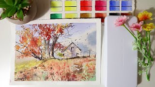 Daler Rowney Aquafine Watercolor Openbox review and fall watercolor painting Demo [upl. by Kcirtapnaes]