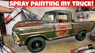 SPRAY PAINTING MY TRUCK WITH TURBO CANS SHORT BED CONVERSION GETS PAINT NASCAR FORD F100 [upl. by Refiffej]