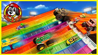 MONSTER TRUCKS VS RACE CARS 🏎 MARIO KART RAINBOW ROAD RACE [upl. by Nitsoj]