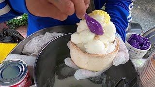 Thai coconut ice cream serviced by Mrmotorcycle ice cream thailand street food [upl. by Egdirdle]