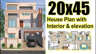 20x45 House plan with Interior amp Elevation  4 marla house plan  900 sq ft [upl. by Aninep]