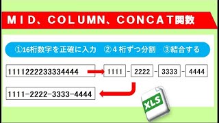 エクセル 16桁の数字を4桁ずつ分割 ハイフン含めて結合 [upl. by Goth649]