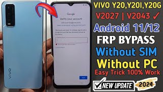 VIVO Y20 FRP Bypass Android 1112  New Method 2024  Y20I Reset Google Account Lock Without PC [upl. by Ayaros]