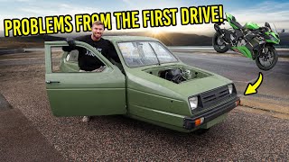 BIKE ENGINE SWAPPED RELIANT FIRST DRIVE PROBLEMS  Motorcycle engine swap PT15 [upl. by Aratahs99]