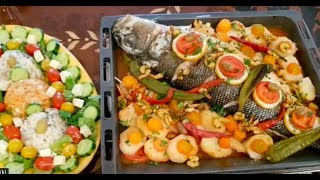 Repas complet avec bar au four salade crudité et dessert rapide وجبة سريعة وتحلية في 5دقائق [upl. by Roehm]