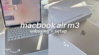 MACBOOK AIR M3 UNBOXING amp SETUP starlight aesthetic customization [upl. by Sedda328]