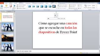 Cómo agregar una canción que se reproduzca en todas las diapositivas de Power Point PowerPoint [upl. by Remde]