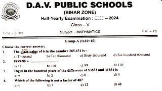 Class 5 Maths HalfYearly Exam Question Paper  DAV Class 5 Question Paper 2024Midterm ExamCBSE [upl. by Aires743]