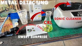 Metal Detecting  Cleaning Encrusted Small Cents in CRL and the Sonic Cleaner  Sweet Surprise [upl. by Bibbye]