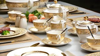 High Quality luxury embossed gold dinnerware porcelain dinner sets Wholesale  Karosa Chinaware [upl. by Sihun]