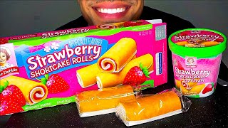 ASMR STRAWBERRY SHORTCAKE ROLLS ICE CREAM MUKBANG EATING SHOW MOUTH SOUNDS NO TALKING CANDY [upl. by Drarreg]