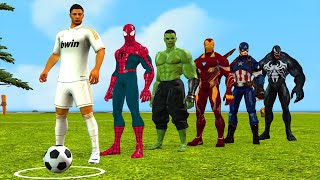 SpiderMan with challenge your soccer skills vs ronaldo vs messi vs Hulk vs iron man  5 superhero [upl. by Oedama]