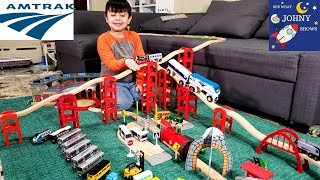 Johny Unboxes New Amtrak Wooden Train Toys amp Builds Giant Wooden Track Munipals Layout [upl. by Thom]