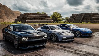 Forza Horizon 5 Drag race 2023 Porsche 911 GT3 RS vs Dodge Challenger Hellcat vs Ferrari GTC4Lusso [upl. by Beverley]