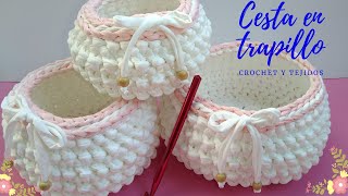 COMO HACER CESTA TEJIDA A CROCHET  Trapillo  canasta a crochet fácil y practica [upl. by Richara]