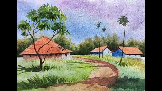 Village Scenery Painting tutorial easy  Watercolor painting for beginners  Paint with David [upl. by Annhej175]