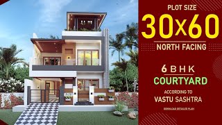 30x60 North Facing House Design 3D  NORTH FACING  Modern Elevation  COURTYARD  Interior Design [upl. by Deehahs]