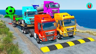 Double Flatbed Trailer Truck vs Speedbumps Train vs Cars  Tractor vs Train BeamngDrive 206 [upl. by Kimber]