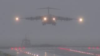 USAF C17 Landing 19L at SFO in Bad Weather [upl. by Irmo]