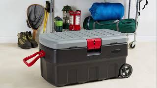 Rubbermaid ActionPacker 35 Gal Wheeled Lockable Storage Bin with Lid HeavyDuty Water Repellent [upl. by Leamse]