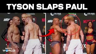 Tyson Slaps Jake  Mike Tyson Slaps Jake Paul In final Faceoff Ahead Of HighStakes Fight [upl. by Kralc945]