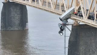 Drone video captures dramatic rescue of woman stuck in semi truck dangling over Louisville bridge [upl. by Leboff]