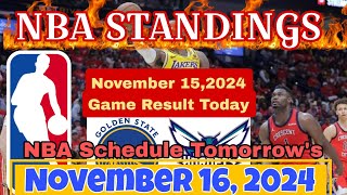 NBA STANDINGS TODAY November 15 2024  GAME RESULTS  NBA SCHEDULE November 16 2024 [upl. by Annoynek]