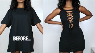 DIY Lace Up Bodycon Dress  TShirt Transformation [upl. by Acyssej]