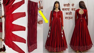 Anarkali Gown Cutting amp Stitchingसाड़ी से बंद कलियों का घेरदार गाउन बनाने का सबसे आसान तरीका I [upl. by Annaear]