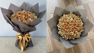 DIY  How to Make a Bouquet of Roses from Satin Ribbons Easy  Wrapping a Round Flower Bouquet [upl. by Adaran]