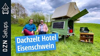 Mini Dachzelt Anhänger  Das Hotel Eisenschwein  Retro Camper mit Vario Camp Dachzelt [upl. by Ahtoelc]