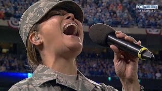 WS2014 Gm6 Tech Sgt Johnson sings during stretch [upl. by Erialc835]