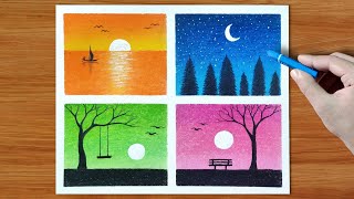 Beautiful 4 Different Scenery Drawing  Easy Oil Pastel Drawing  Step by step [upl. by Tim576]