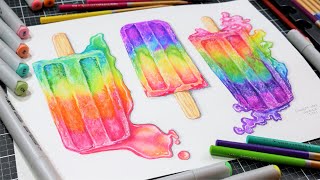 3 Ways to Paint Popsicles Alcohol Marker Watercolor Colored Pencil Mixed Media Tutorial [upl. by Lehplar845]