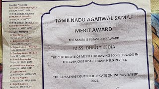 Dhrity got Merit award from Tamilnadu Agarwal Samaj for 10th Boardsmarks Thankyou Krishna bhagwanji [upl. by Atillertse]