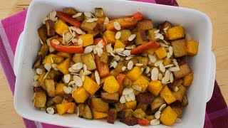 Rezept Masala Ofengemüse mit Kürbis Aubergine Paprika geräuchertem Tofu und Mandeln vegan [upl. by Ahsekad]