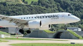 Embraer E190E2 HBAZB Helvetic Airways landing Sion airport Valais Switzerland 04072024 [upl. by Nicolea453]