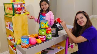 Emma Pretend Play Shopping with Giant Grocery Store Super Market Toy [upl. by Nedarb]