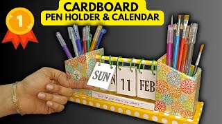 DIY CARDBOARD DESK CALENDAR  Pen Holder Organizer with Calendar  Cardboard Craft Ideas Art amp Craft [upl. by Tab]