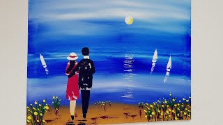 Acrylmalerei mit Spachtel Strandspaziergang  Acrylic painting couple walk on the beach [upl. by Kylynn230]