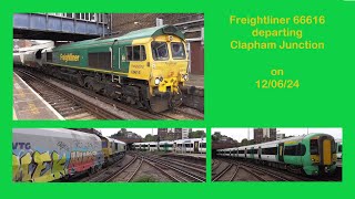 Freightliner 66616 departing Clapham Junction on 120624 with the Allington stone train [upl. by Hteboj418]