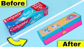 How to make pencil box from waste Colgate box  Diy pencil box at home [upl. by Eannej]