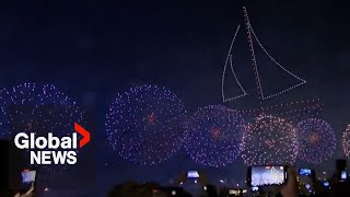 New Years 2024 Ras Al Khaimah enters New Year with magical drones fireworks and pyro show [upl. by Wootten]