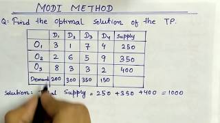 Lec26 Modi Method Transportation Problem  In Hindi  Operation Research [upl. by Annabal647]